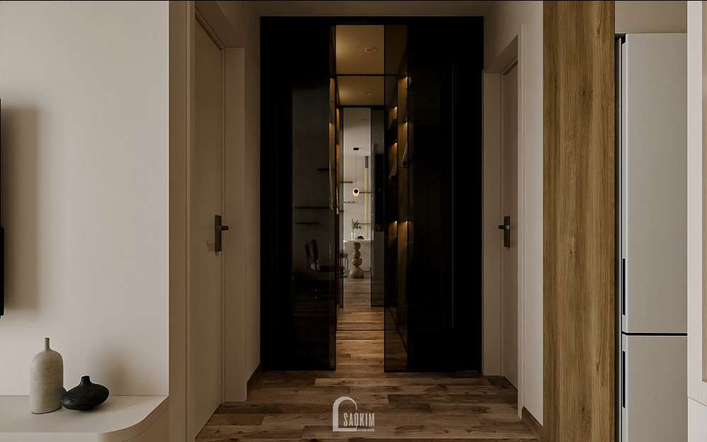 Không gian phòng thay đồ phong cách Koreachic mix Scandinavian tại thiết kế chung cư 1 ngủ Masteri Vinhomes Ocean Park